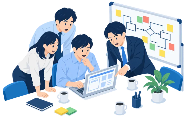 1日おためし訪問で、社員が会議室のノートパソコンからAIに頼み、その場で業務の試作を作っている様子（イメージ）